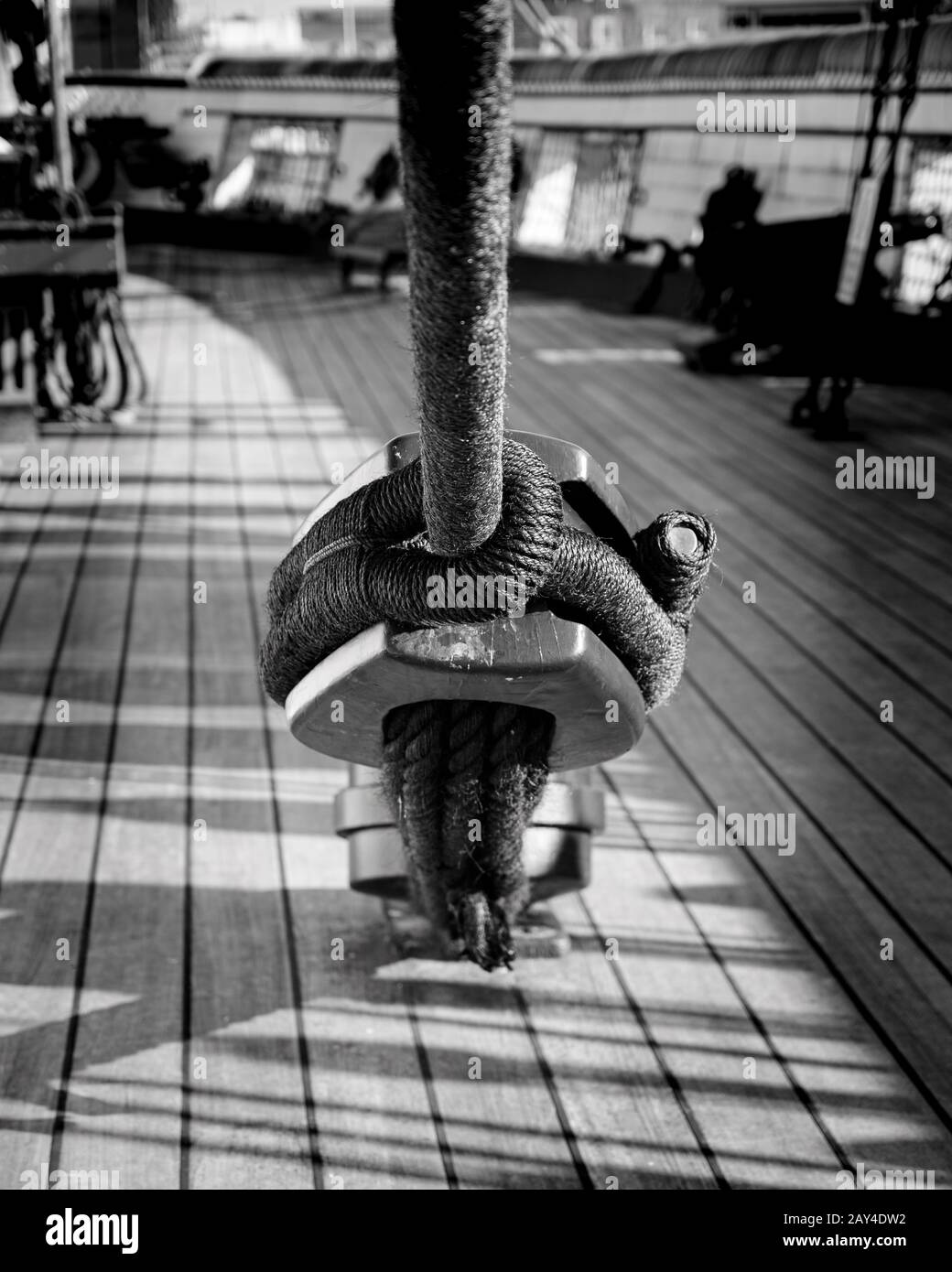 Close-up detailed monochrome image of part of the rigging of HMS Warrior, Portsmouth, UK Stock Photo