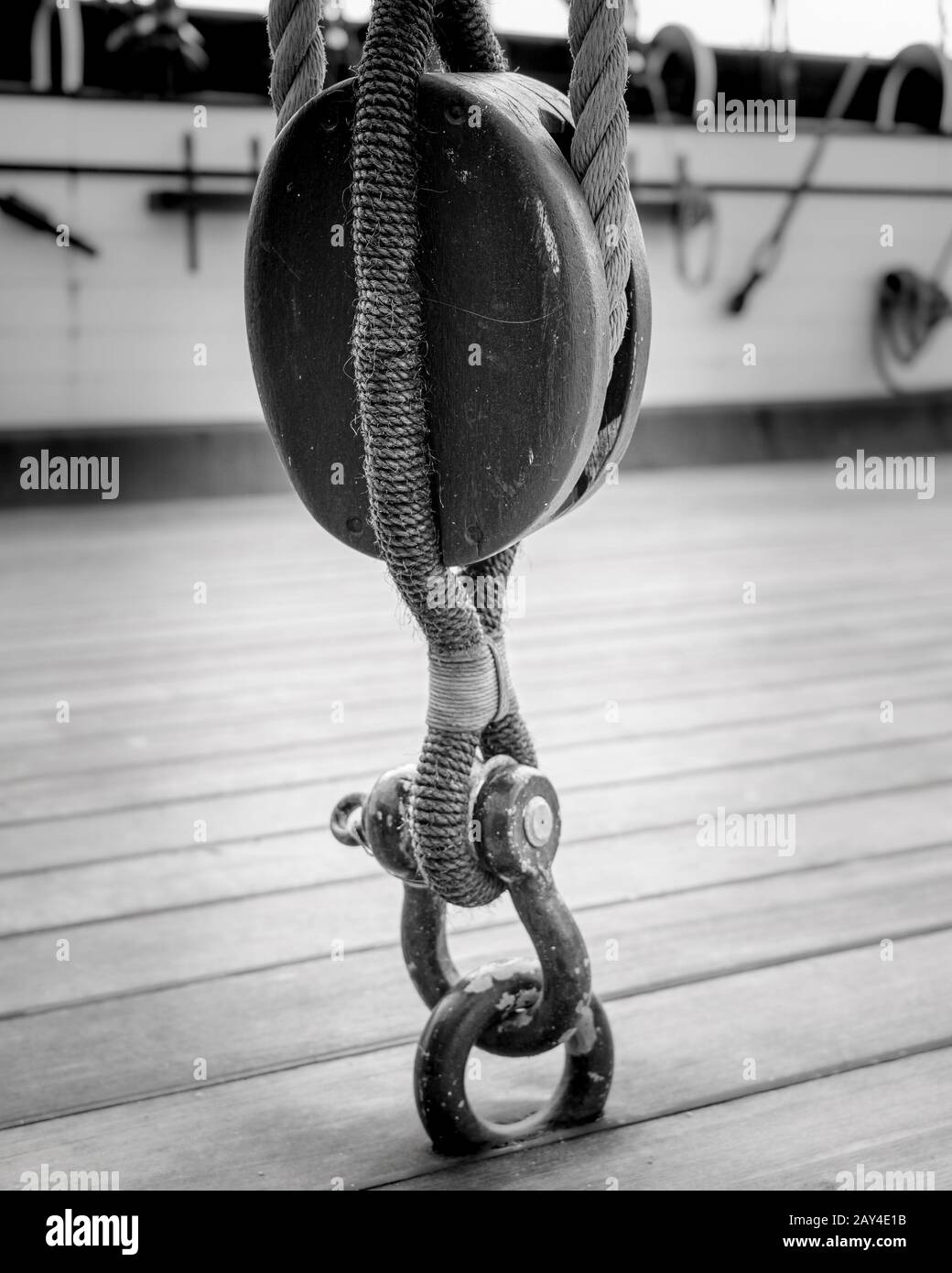Close-up detailed monochrome image of part of the rigging of HMS Warrior, Portsmouth, UK Stock Photo
