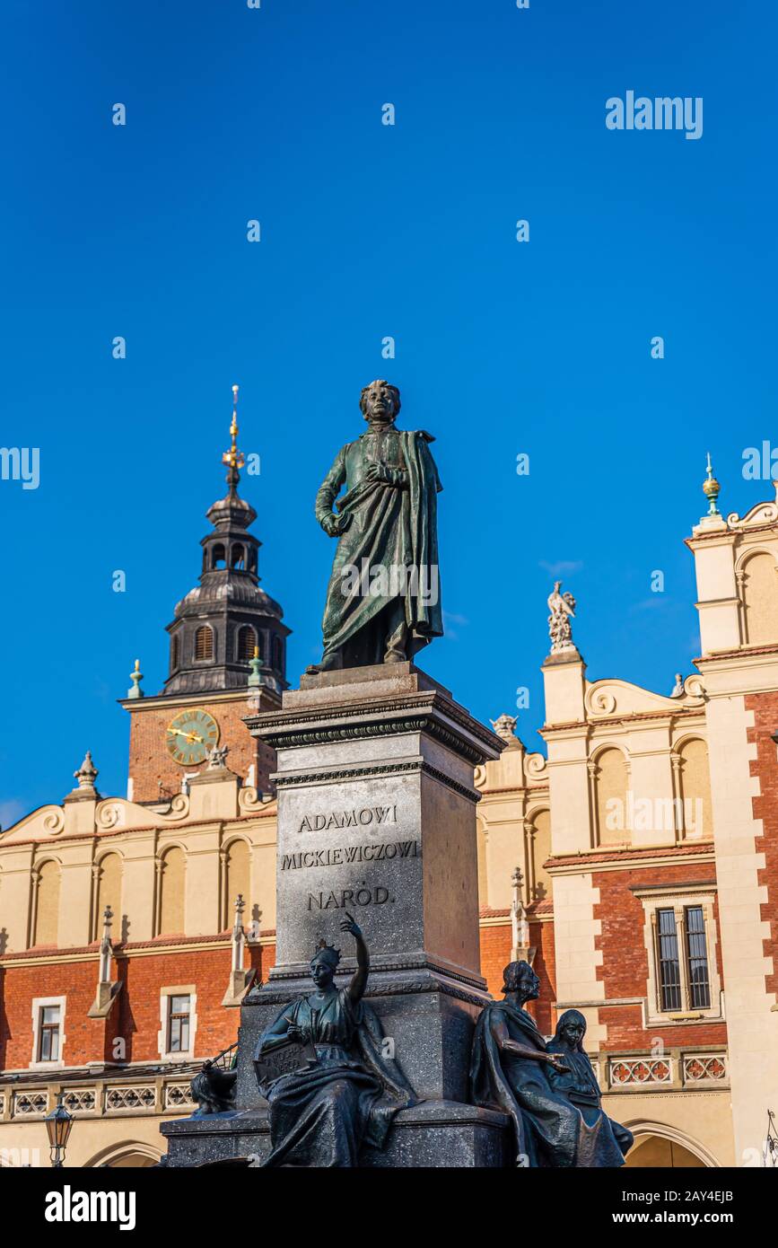 Large monument commemorating the nationalist writer & poet, Adam Mickiewicz, Main square in Krakow, Poland Stock Photo