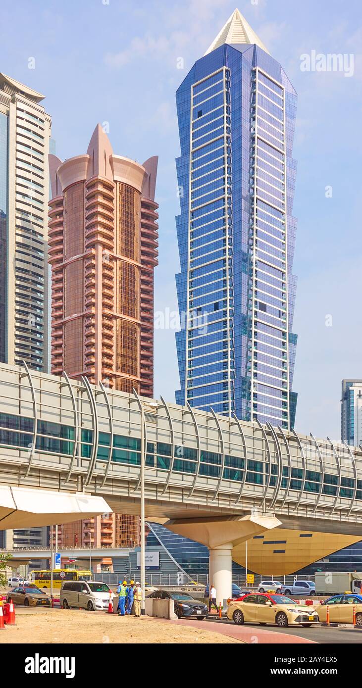 Dubai, UAE February 02, 2020 Business Bay metro station and Sheikh Zayed Road with modern