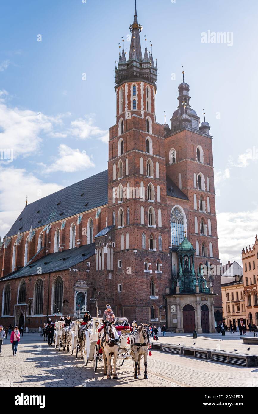 Krakow market square with St Mary's Basilica, Krakow, Poland Stock Photo