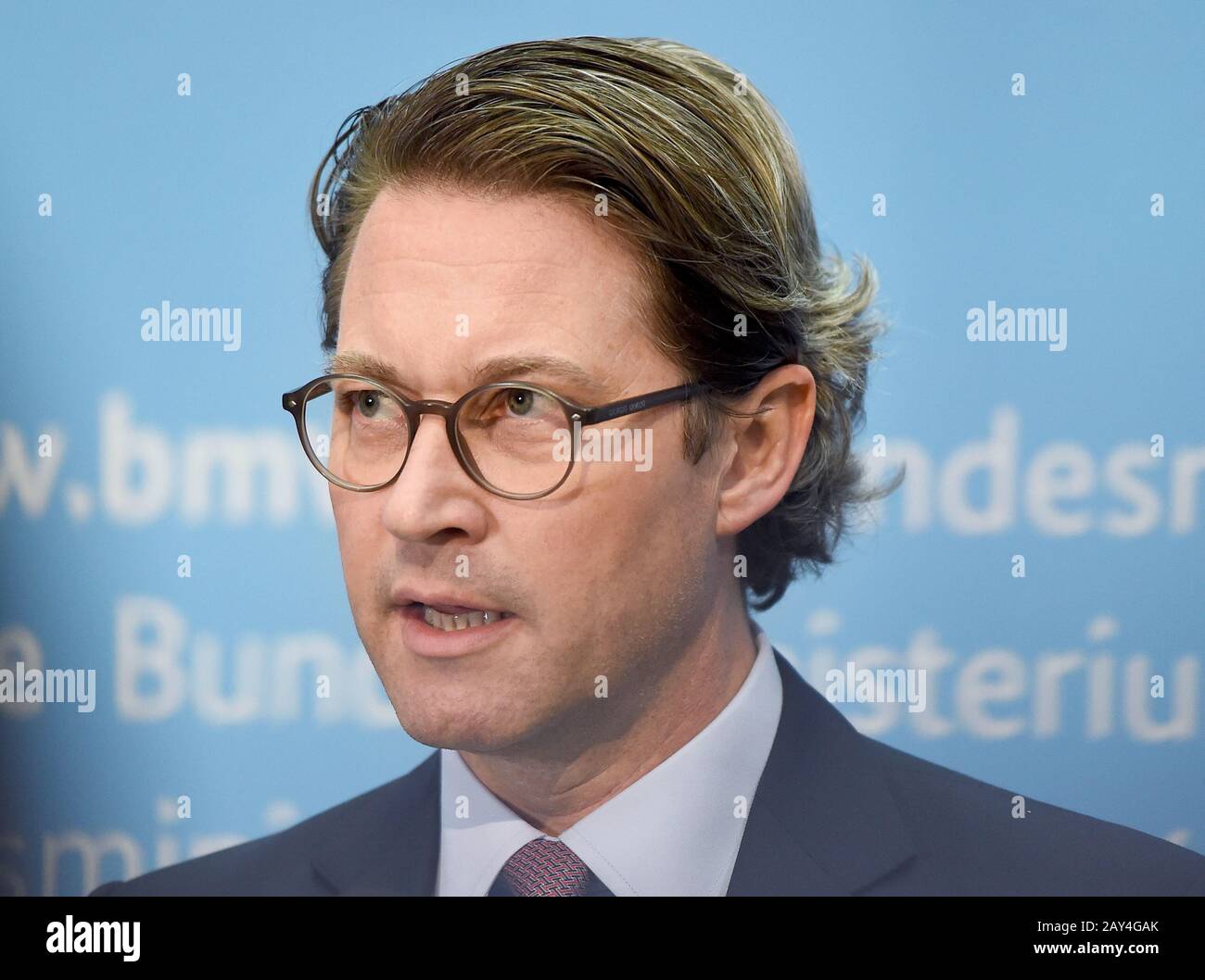 Berlin, Germany. 14th Feb, 2020. Federal Transport Minister Andreas Scheuer (CSU) speaks at a press conference on the topics of speed limits and drones in Berlin. Credit: Sonja Wurtscheid/dpa/Alamy Live News Stock Photo