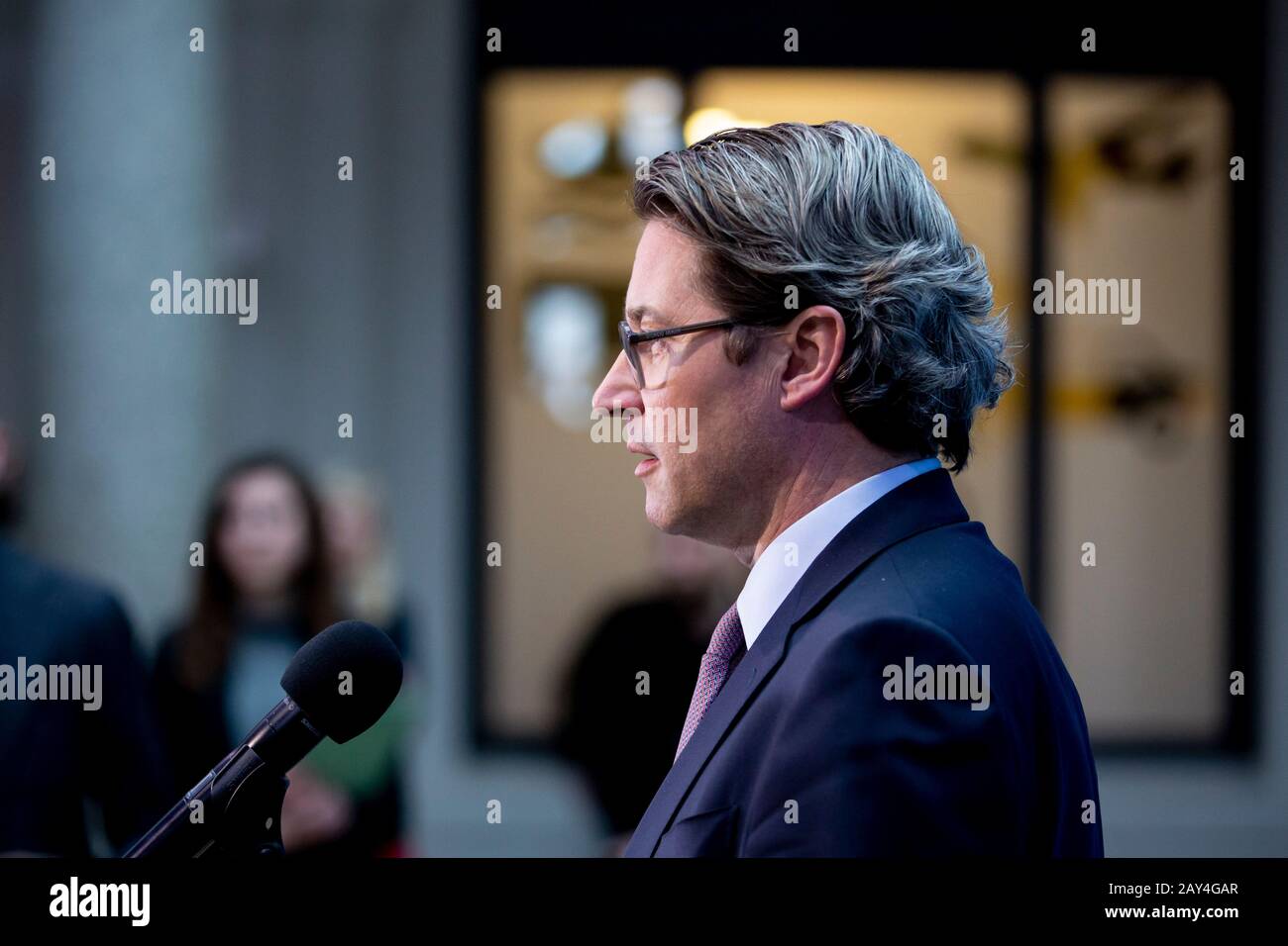Berlin, Germany. 14th Feb, 2020. Federal Transport Minister Andreas Scheuer (CSU) speaks at a press conference on the topics of speed limits and drones in Berlin. Credit: Christoph Soeder/dpa/Alamy Live News Stock Photo