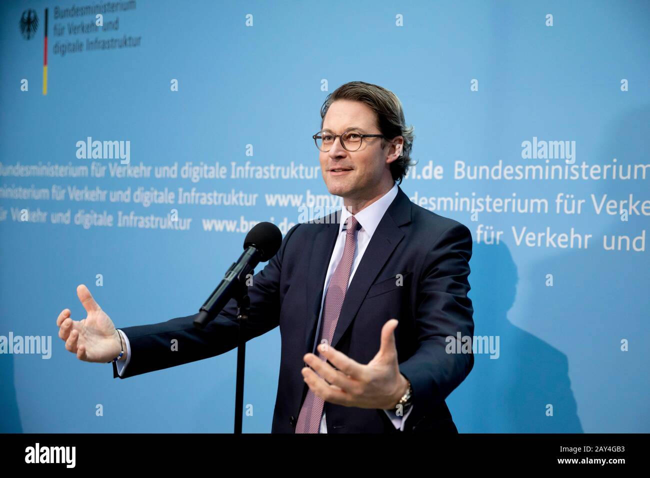 Berlin, Germany. 14th Feb, 2020. Federal Transport Minister Andreas Scheuer (CSU) speaks at a press conference on the topics of speed limits and drones in Berlin. Credit: Christoph Soeder/dpa/Alamy Live News Stock Photo