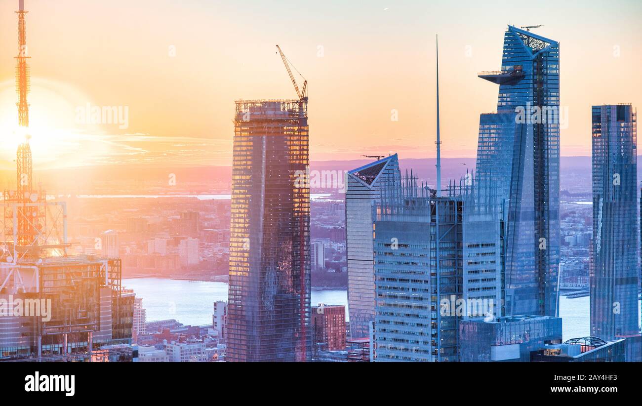 Manhattan skyline at dusk, aerial view of New York buildings Stock ...