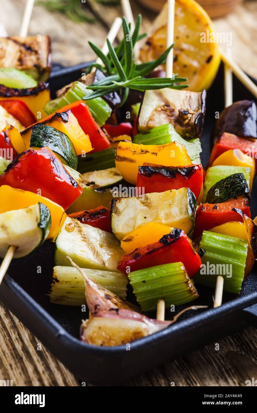 Plant based colorful vegan skewers, fresh summer grilled vegetables celery, eggplants,bell