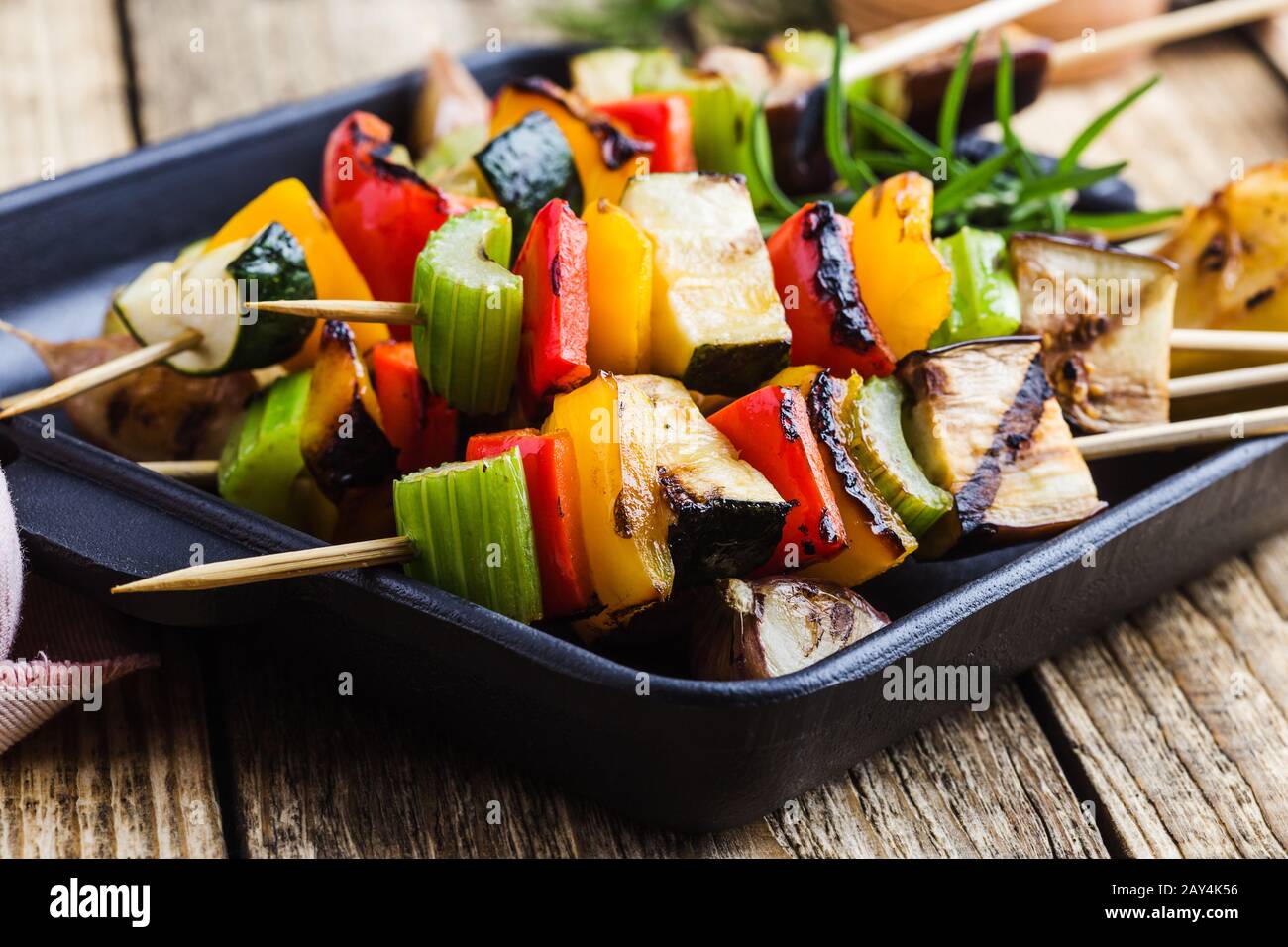 Plant based colorful vegan skewers, fresh summer grilled vegetables