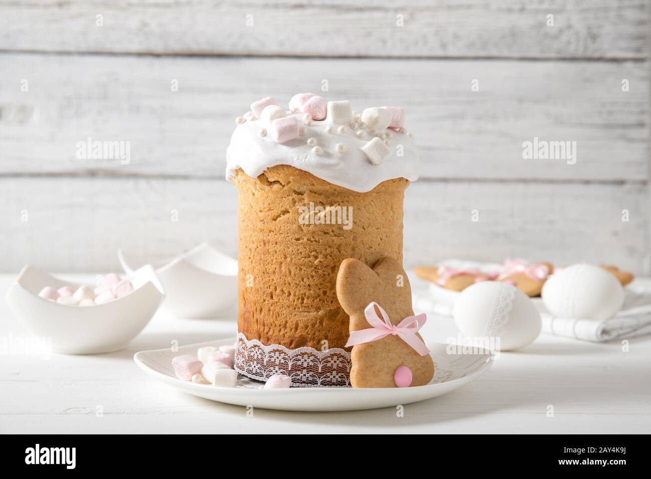 Easter cake on a white wooden background, Easter eggs, Easter cookies Stock Photo