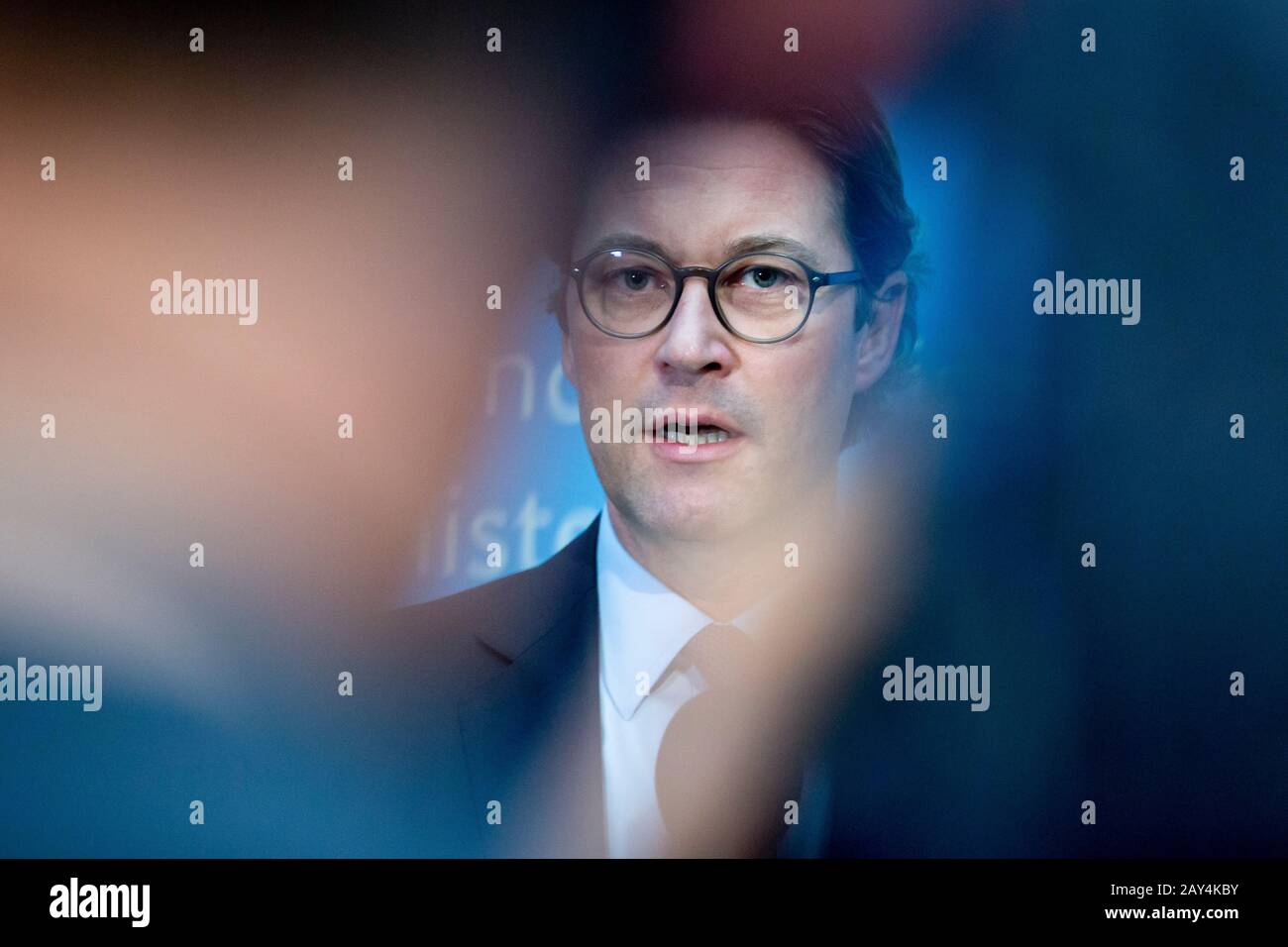 Berlin, Germany. 14th Feb, 2020. Federal Transport Minister Andreas Scheuer (CSU) speaks at a press conference on the topics of speed limits and drones in Berlin. Credit: Christoph Soeder/dpa/Alamy Live News Stock Photo