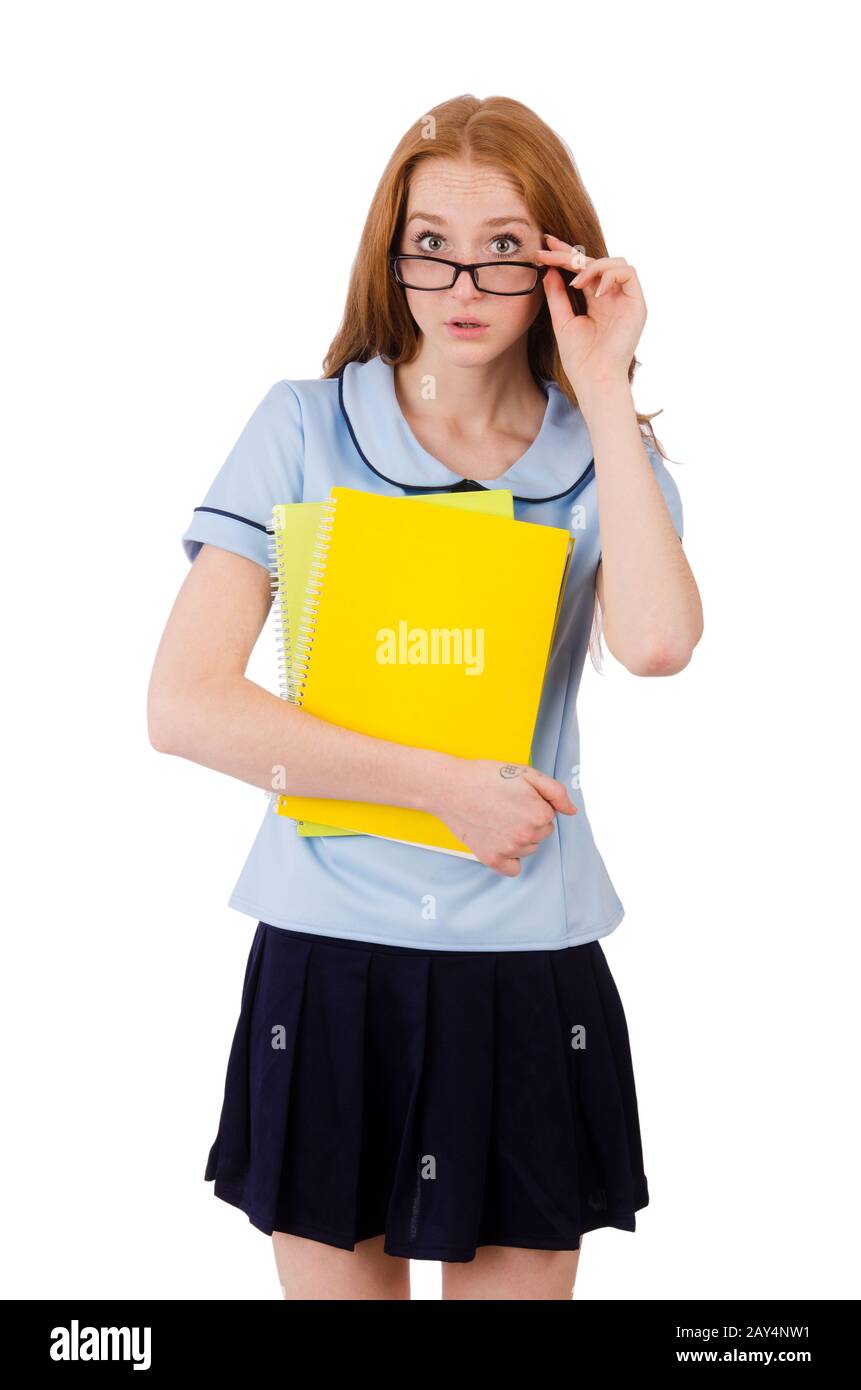 Young diligent student with textbooks isolated on white Stock Photo