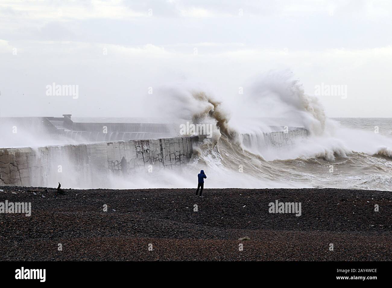 Newhaven, East Sussex, United Kingdom. Storm Ciara brings high winds and mountainous seas, to the south coast. Stock Photo
