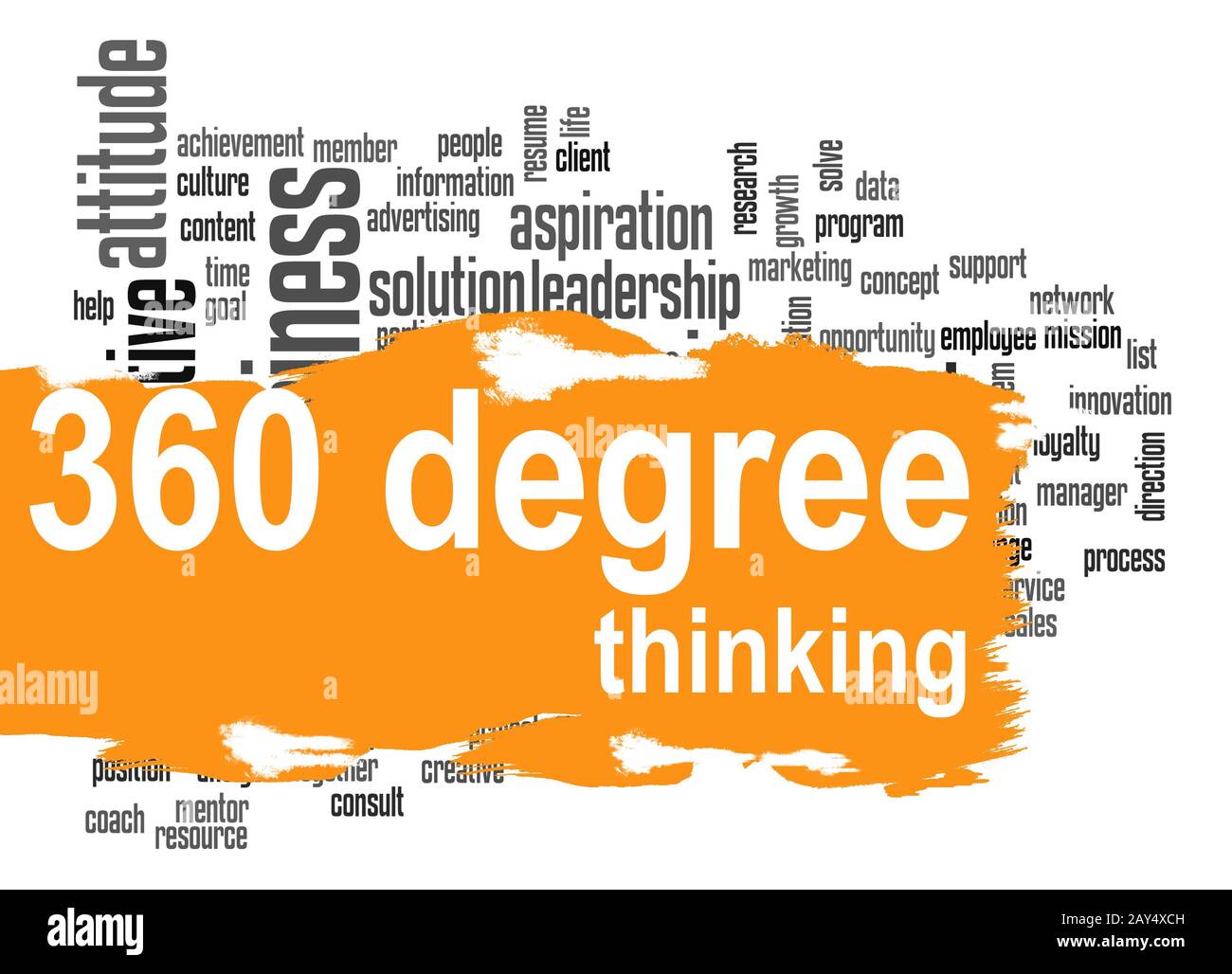 360 Degree Thinking word cloud with orange banner Stock Photo
