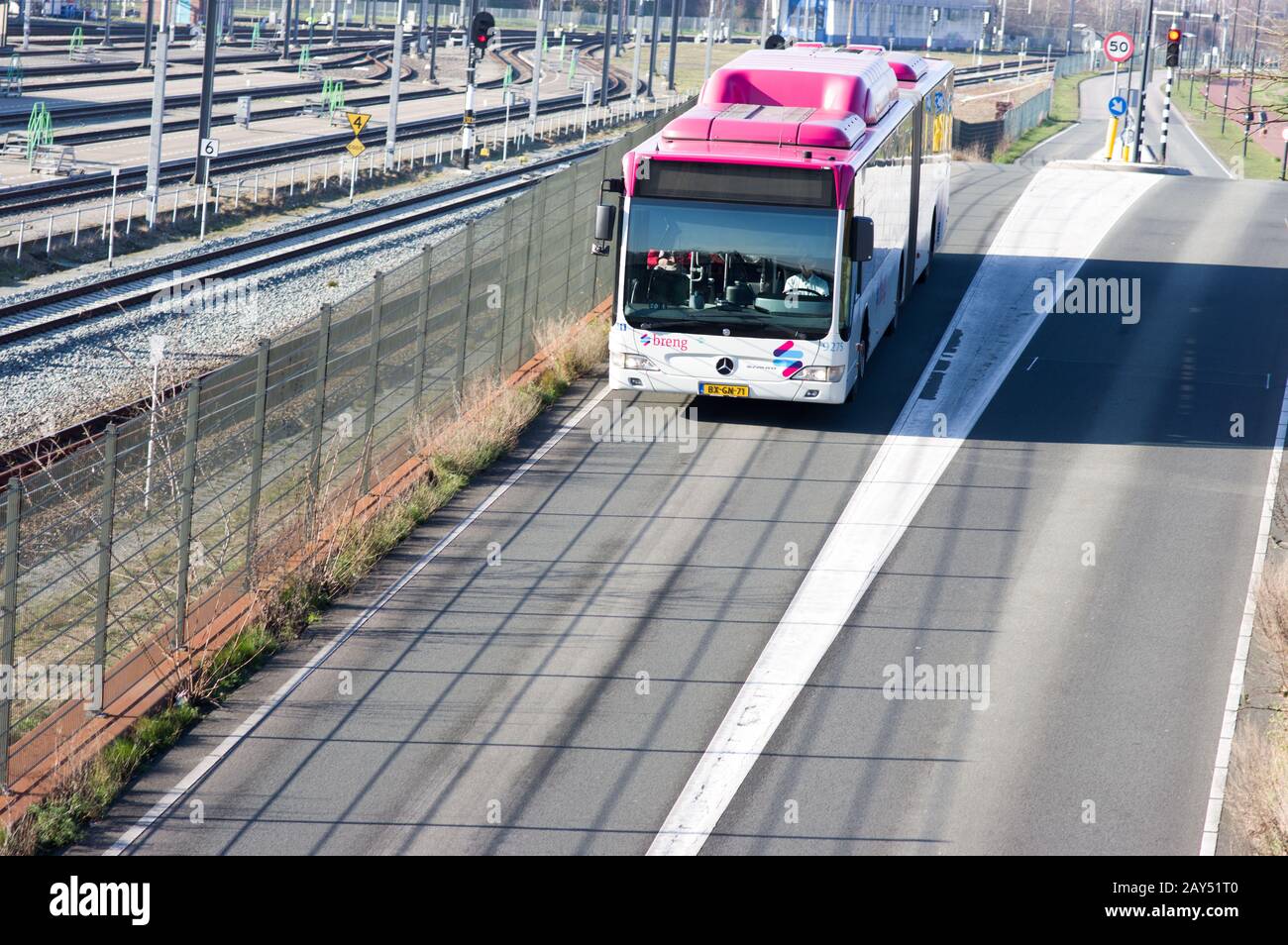 Nijmegen, Netherlands - February 7, 2020: Public transport bus on the road in the center of Nijmegen Stock Photo