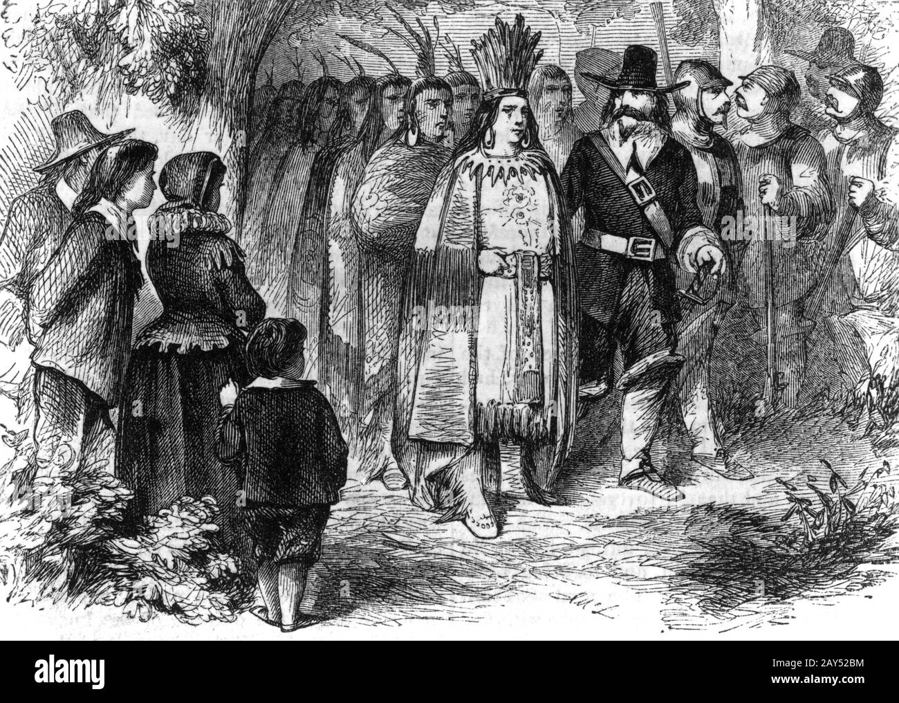 Massasoit, Wampanoag Chief, and his warrior visit the Pilgrims at Plymouth Colony, Circa 1621 Stock Photo