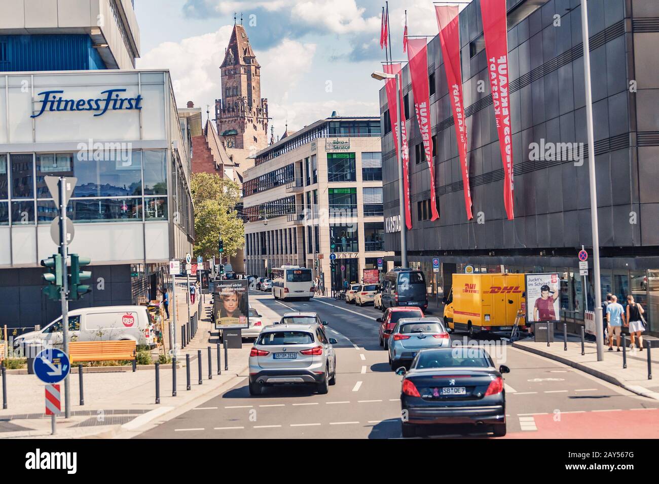 2 August 2019, Saarbrucken, Germany street view with cars and shopping
