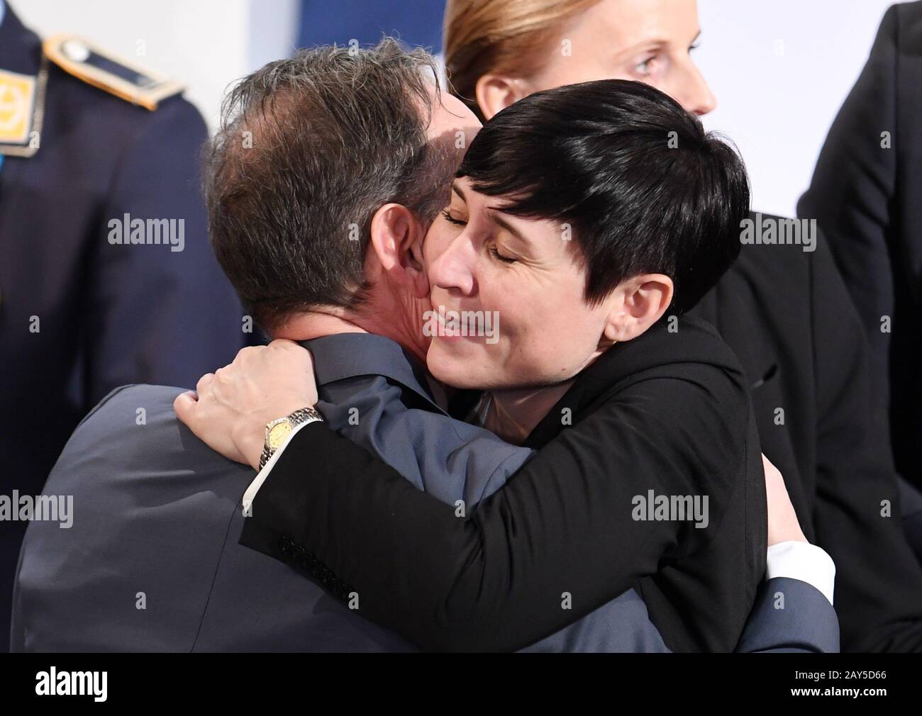 Munich, Germany. 14th Feb, 2020. Heiko Maas (SPD), Federal Foreign Minister, and Ine Marie Eriksen Soreide, Foreign Minister of Norway, embrace each other on the first day of the 56th Munich Security Conference. Credit: Tobias Hase/dpa/Alamy Live News Stock Photo