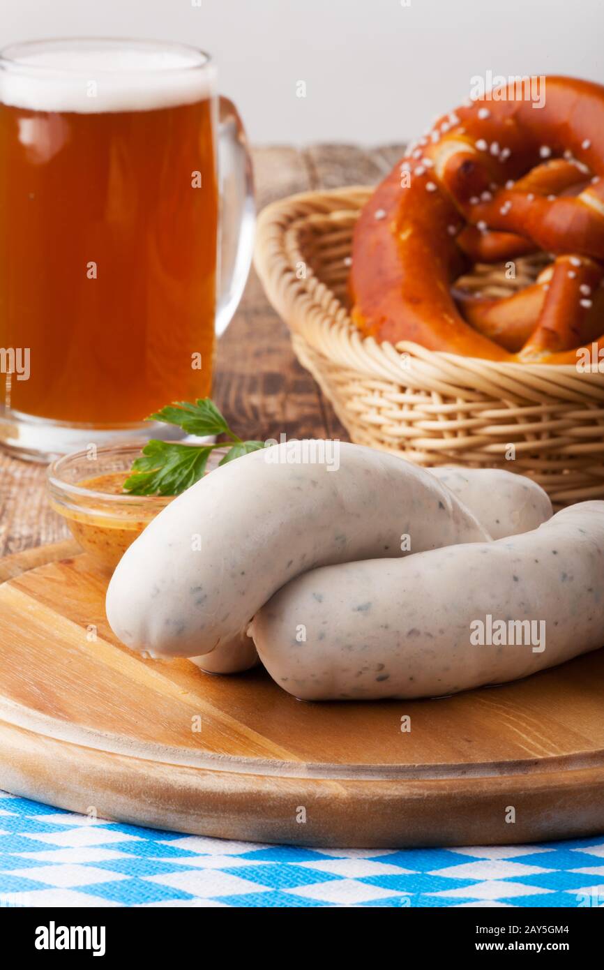 Bavarian veal sausage with pretzel Stock Photo Alamy