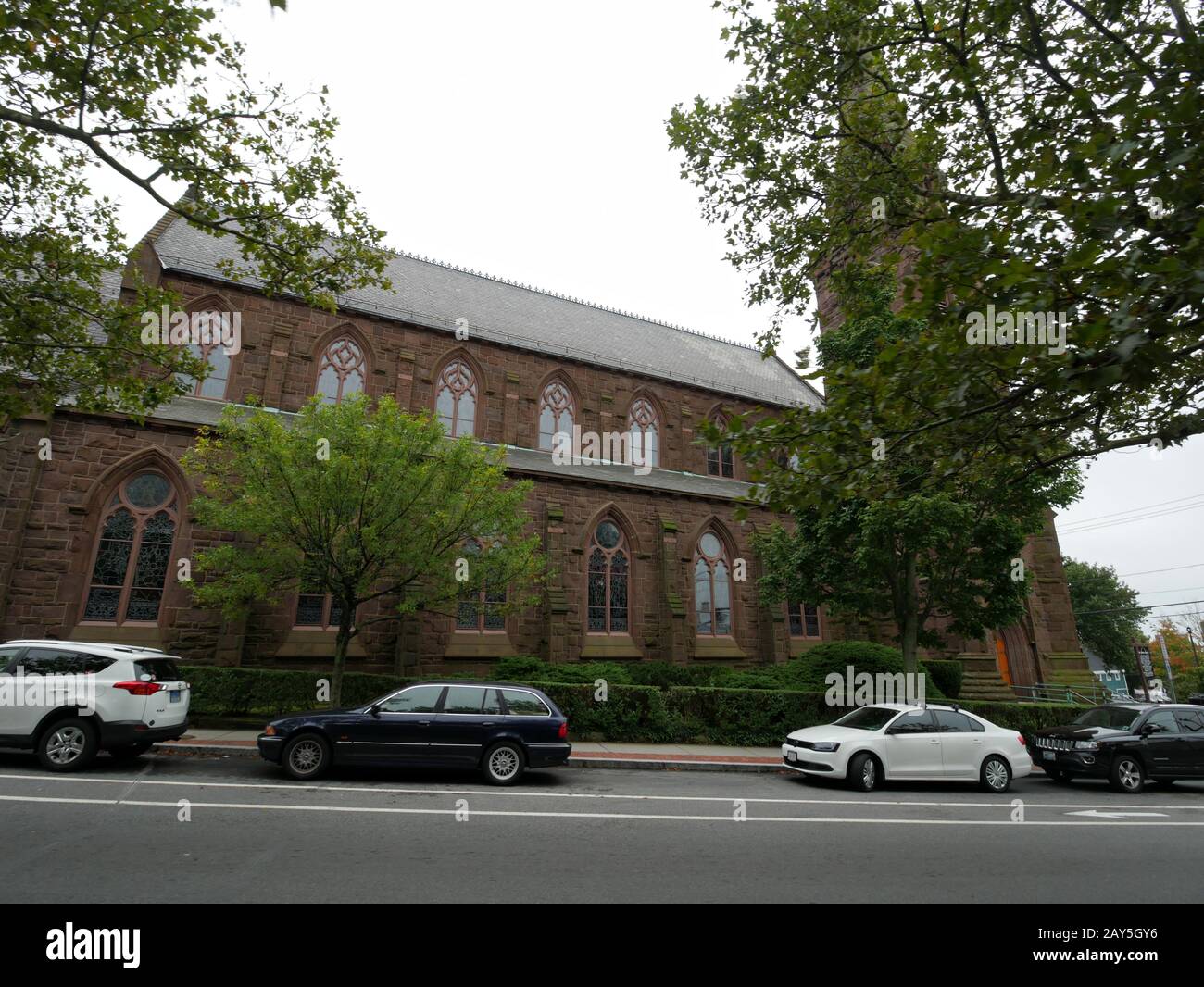 Newport, Rhode Island-September 2017: Side view of the historic St. Mary's Church where former US president John F. Kennedy married Jacquiline Bouvier Stock Photo