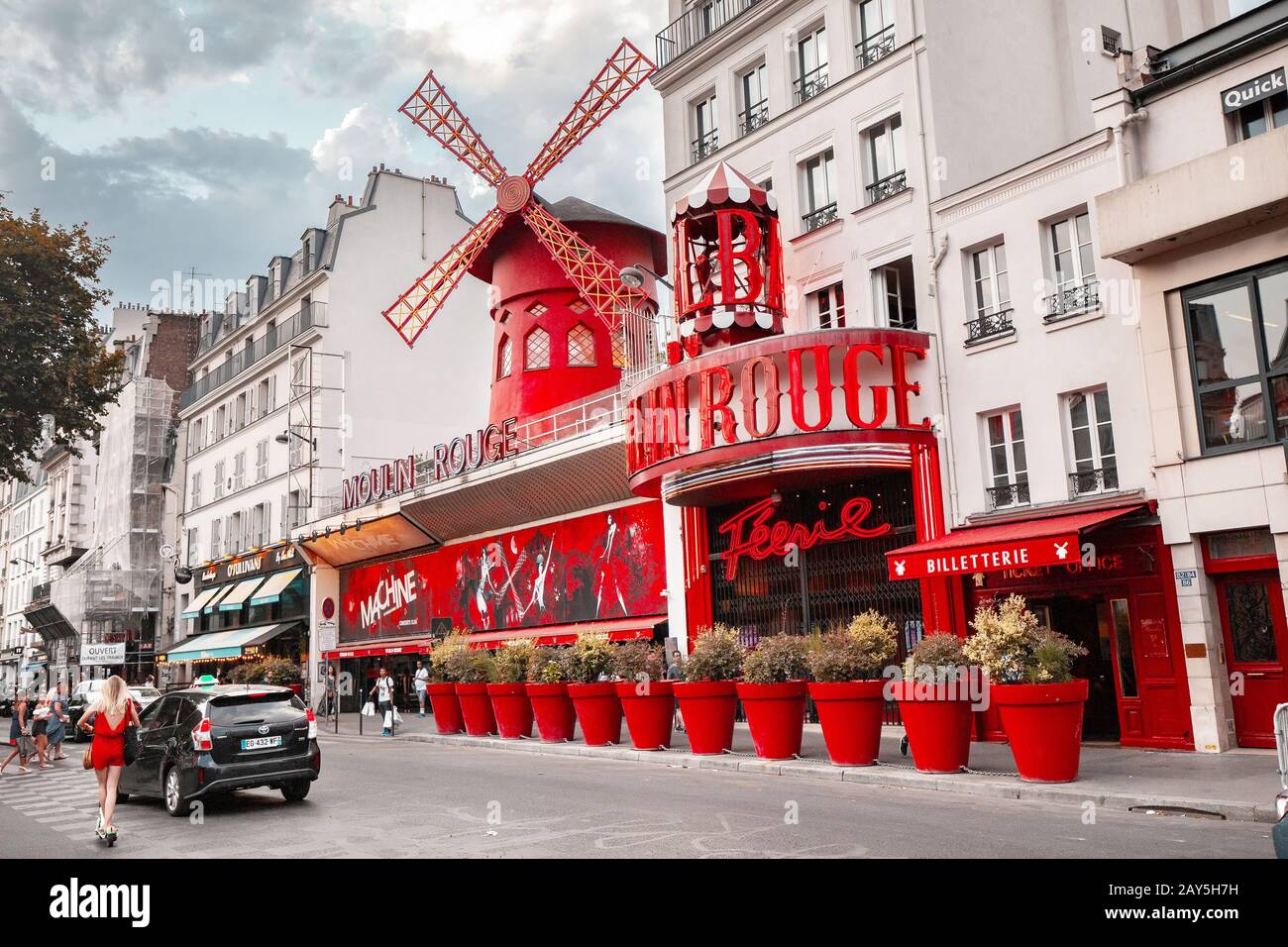 25 July 2019, Paris, France: Famous tourist landmark - Moulin Rouge cabaret exterior view Stock Photo