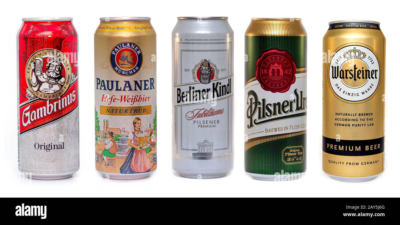 MUNICH - FEB 14: Some Kind of Beer: Gambrinus, Paulaner, Berliner Kindl, Pilsner Urquell, Warsteiner in aluminum Can isolated on white Background Stock Photo