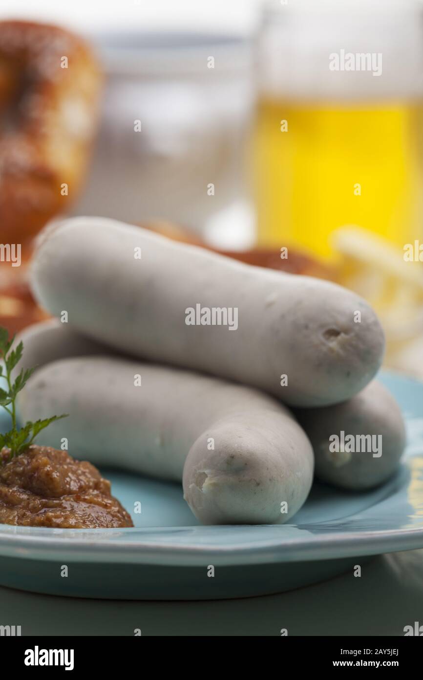 Bavarian veal sausage with mustard Stock Photo Alamy