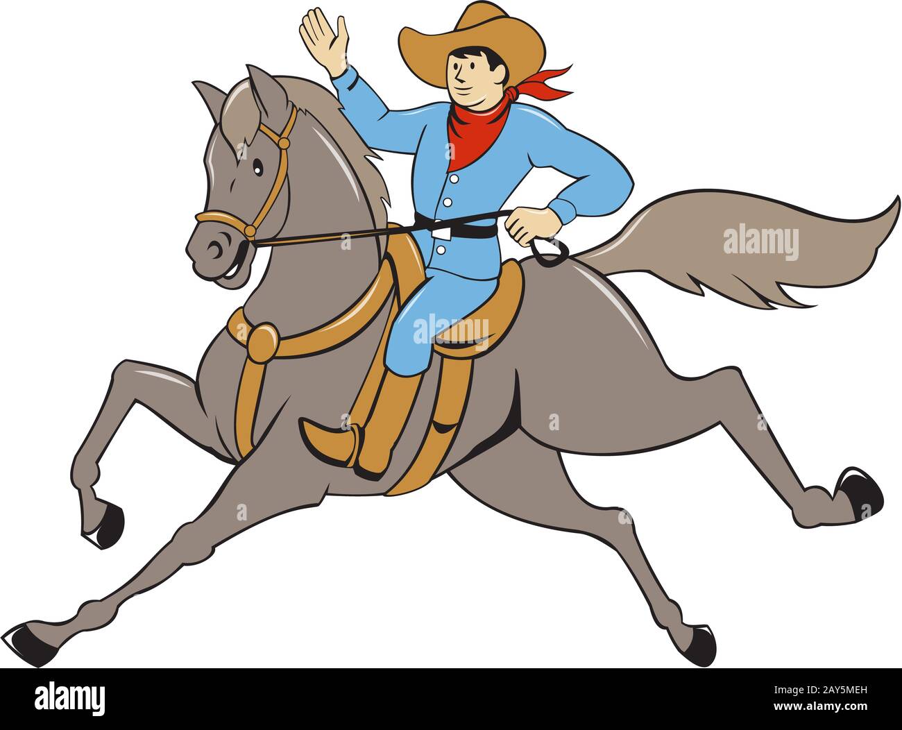 Cowboy Riding Horse Waving Cartoon Stock Photo - Alamy