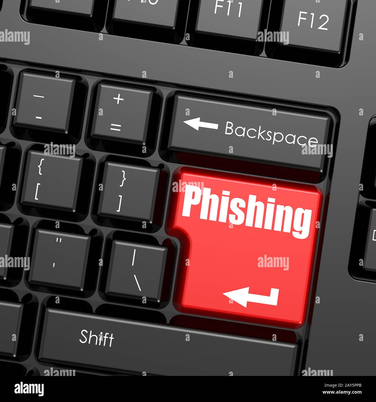 Red enter button on computer keyboard, Phishing word Stock Photo