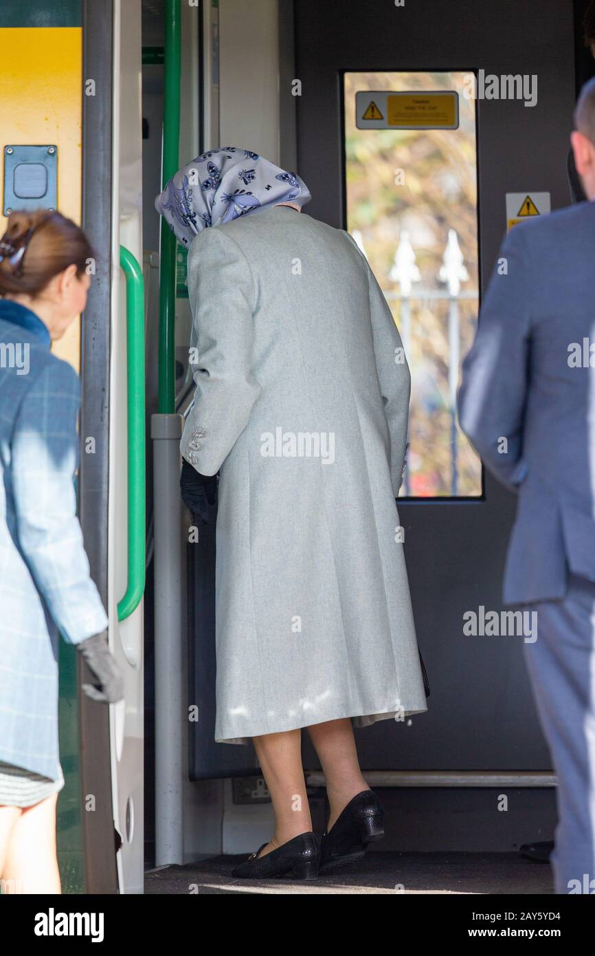 Picture dated February 11th shows the Queen boarding the train at  KingÕs Lynn station in Norfolk on Tuesday morning as she returns to London after her Christmas break on the Sandringham estate.  The Queen was spotted looking glum as she returned to London by train today (Tues) after a Òwinter horribilisÓ on the Royal Estate in Sandringham in Norfolk.  Her Majesty looked miserable as she boarded the First Class carriage of the 10.44am train from KingÕs Lynn in Norfolk to KingÕs Cross in London, following yesterdayÕs news that her eldest grandson Peter Philips and wife Autumn have separated.  I Stock Photo