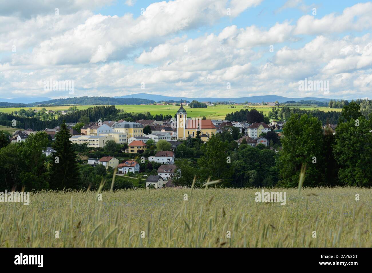 Community Neufelden in the middle of a hilly romantic landscape - Austria Stock Photo