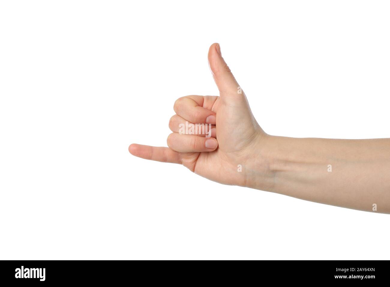 Woman hand in calling gesture isolated on white background Stock Photo