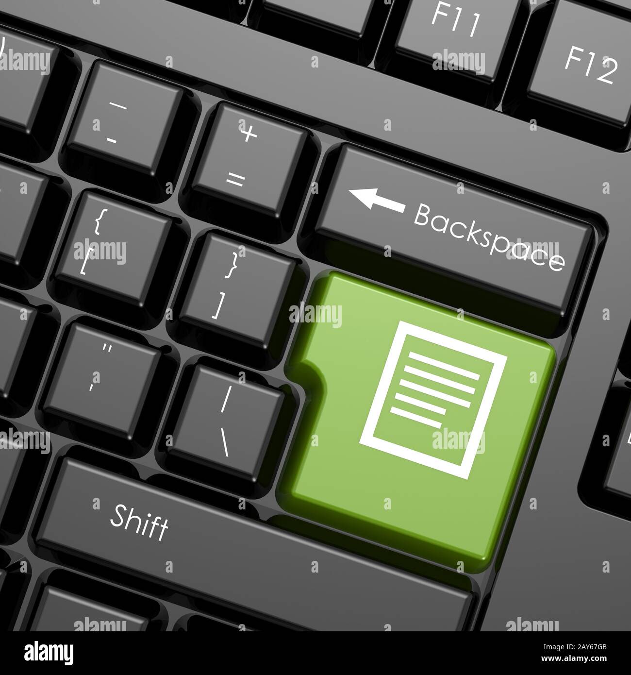 Green enter button with document on black keyboard Stock Photo