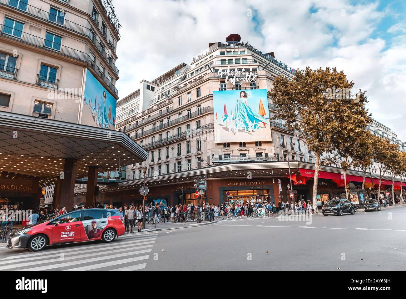 27 July 2019, Paris, France: The facade of the famous Shopping Center in Paris - Galerie Lafayette. View from the street Stock Photo