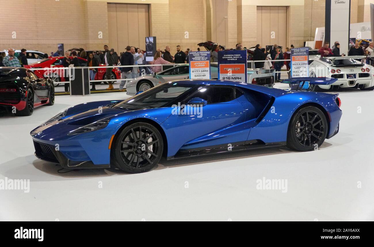 Philadelphia, Pennsylvania, U.S.A - February 10, 2020 - The metallic blue color of Ford GT Configurator Supercar Stock Photo