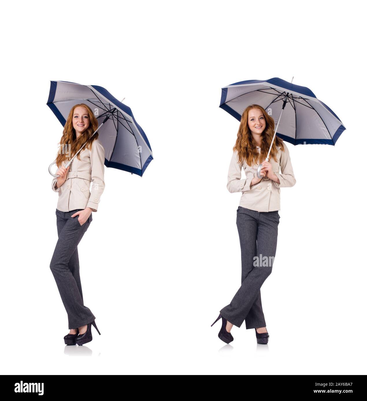 Young woman with umbrella isolated on white Stock Photo - Alamy