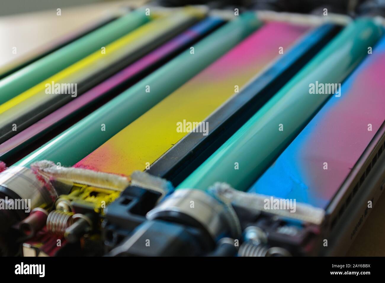 colored fuser unit symbolize the color space of a laser printer Stock Photo