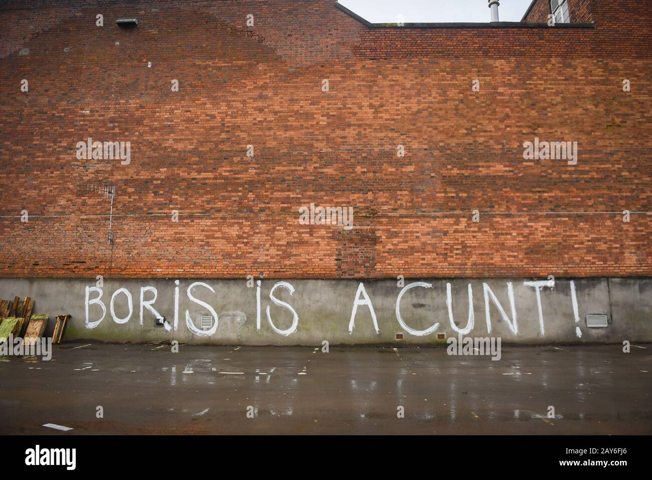 The Slogan Boris Is A Cunt Is Written On A Wall In The Welsh City Of the-slogan-boris-is-a-cunt-is-written-on-a-wall-in-the-welsh-city-of