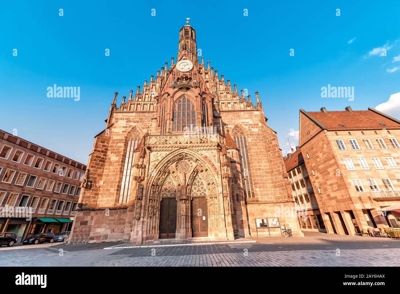 View of the Frauenkirche Church on the market square at sunset in