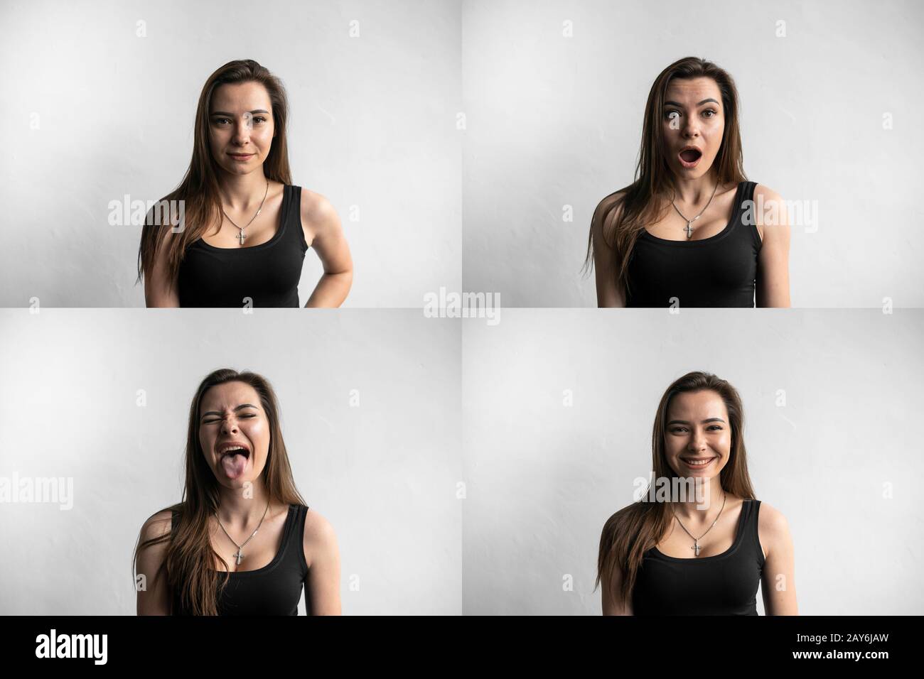 Set of young woman's portraits with different emotions. Young beautiful cute girl showing different emotions. Laughing, smiling, anger, suspicion, fea Stock Photo
