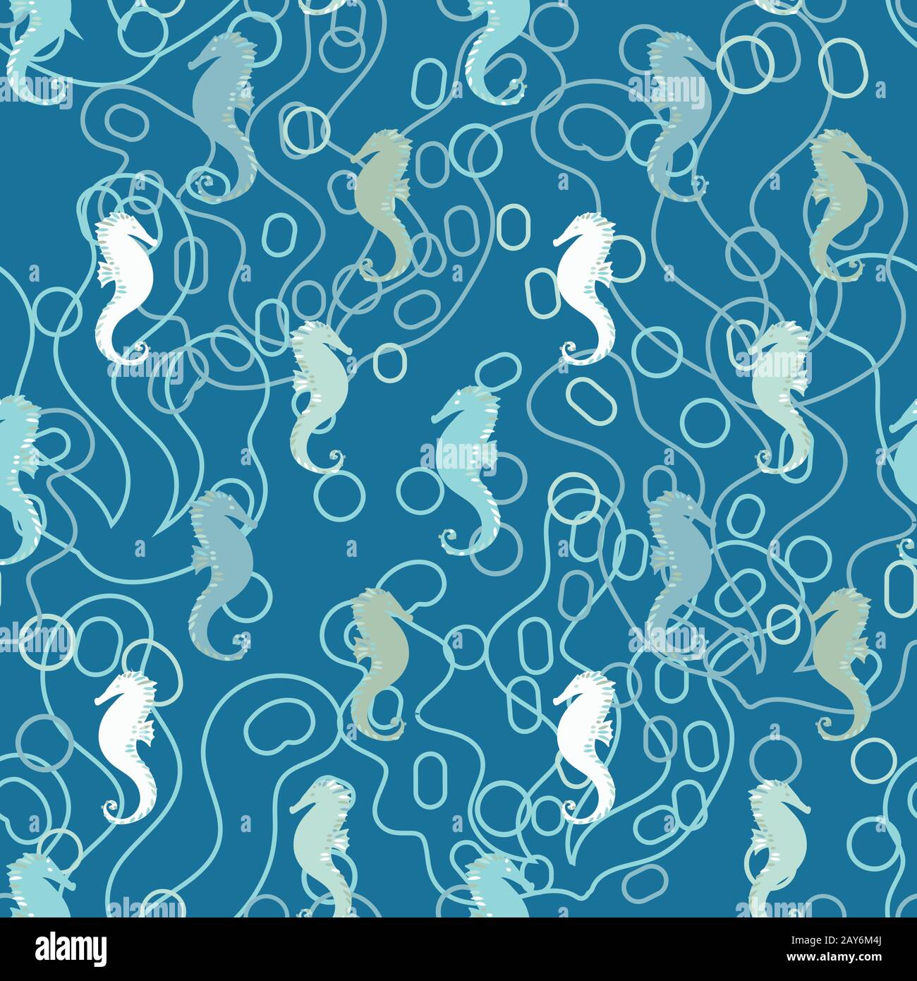 seahorses monochromatic marine seamless vector pattern in blue colors ...