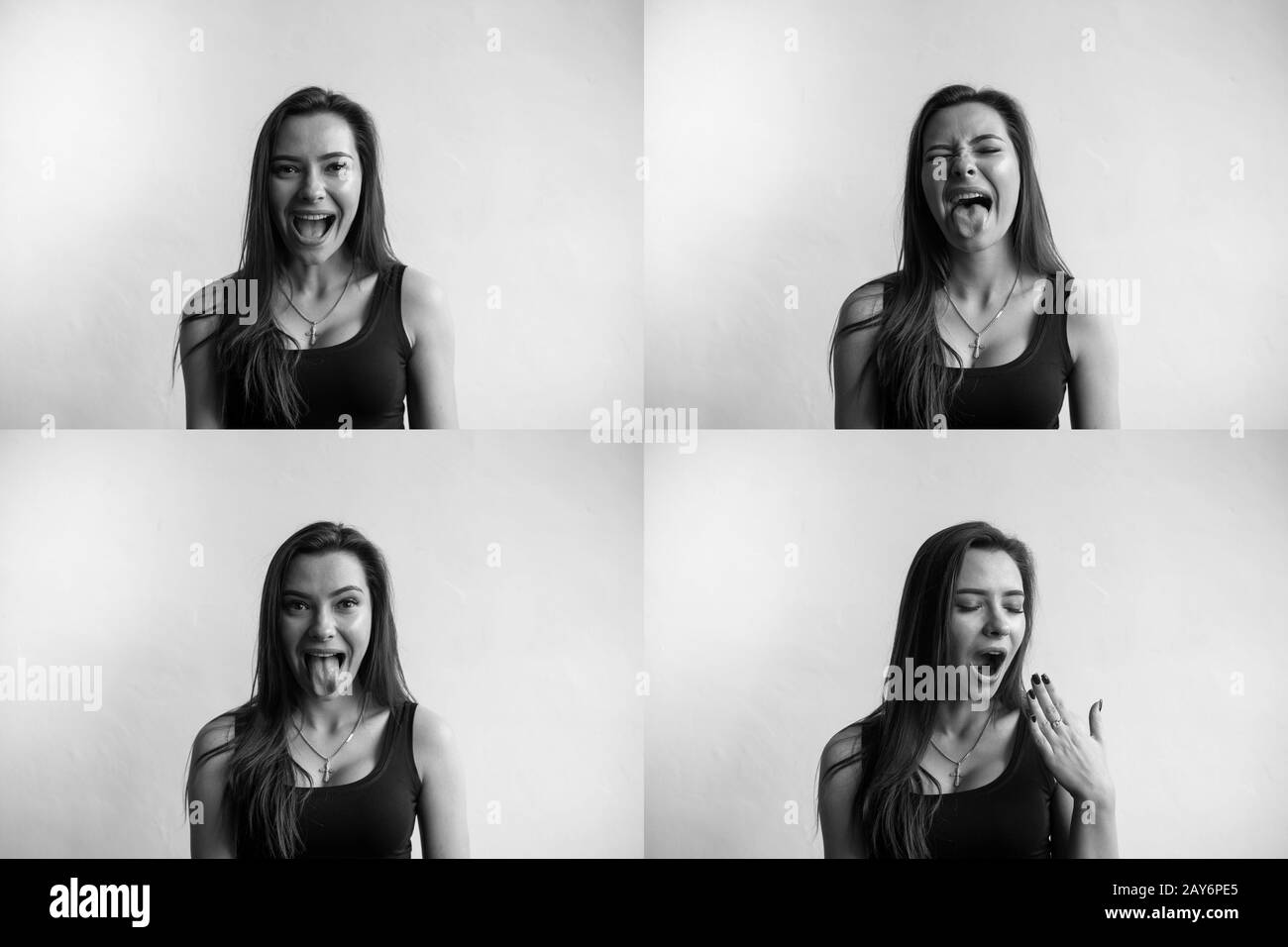 Set of black and white photo of young woman's portraits with different emotions. Young beautiful cute girl showing different emotions. Laughing, smili Stock Photo
