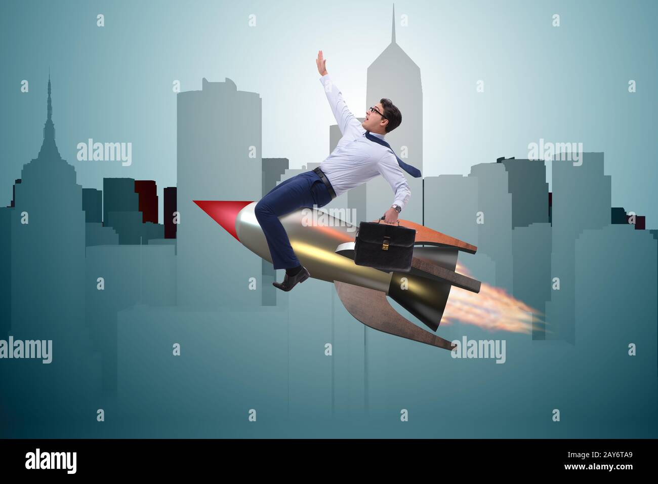 Businessman flying on rocket in business concept Stock Photo - Alamy