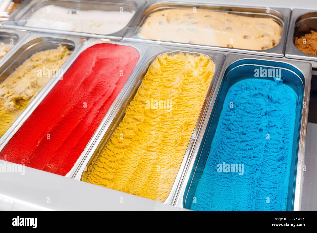 Colorful ice-cream on display in candy shop Stock Photo