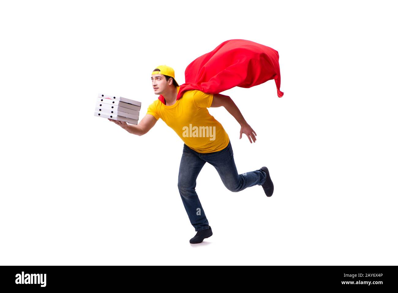 Super hero pizza delivery guy isolated on white Stock Photo Alamy
