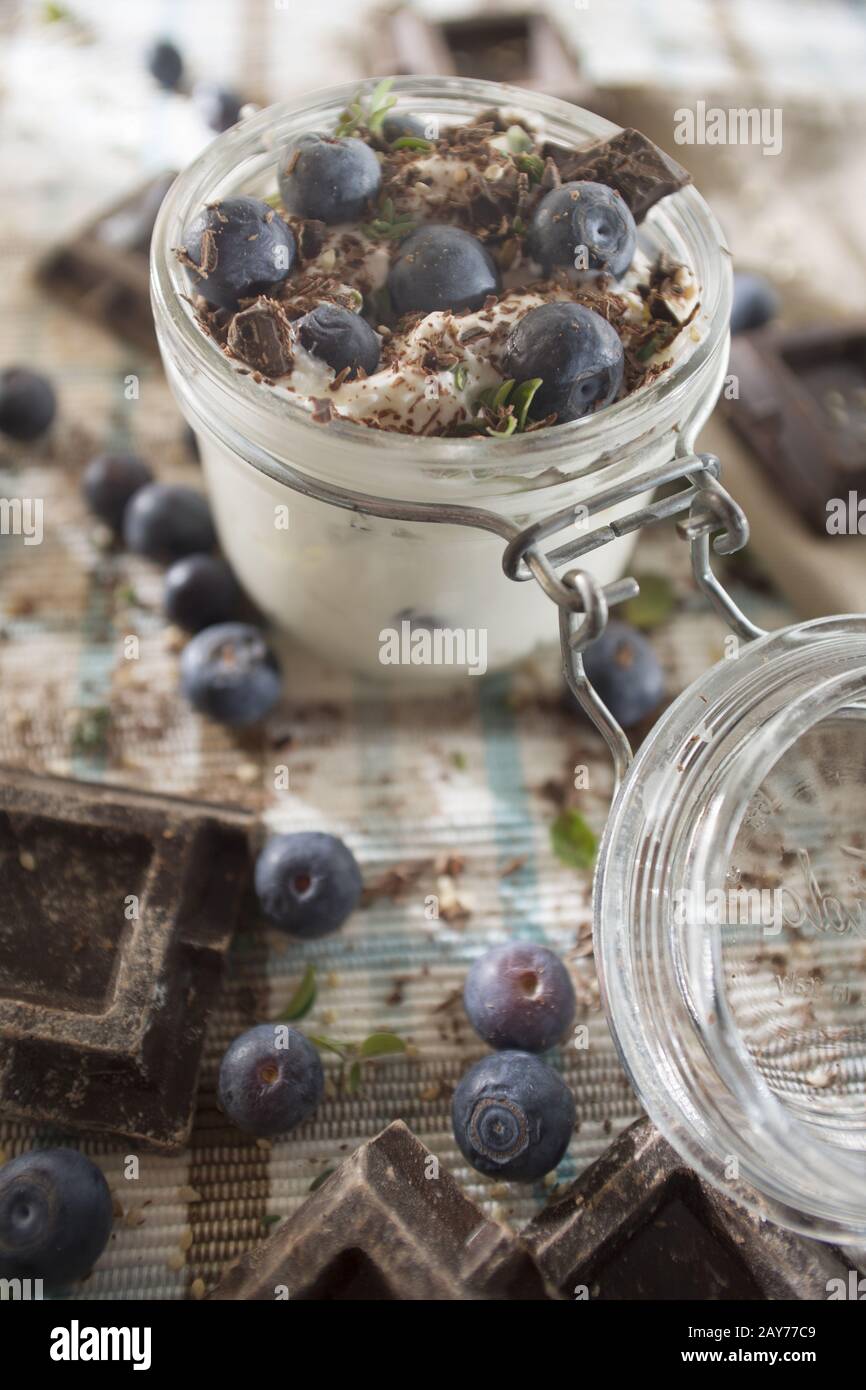 Chocolate yogurt and blueberries Stock Photo