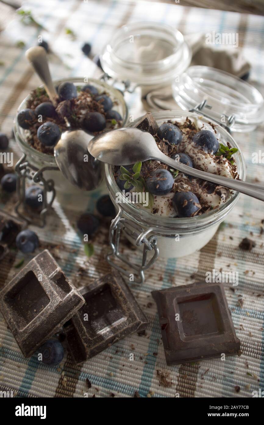 Chocolate yogurt and blueberries Stock Photo