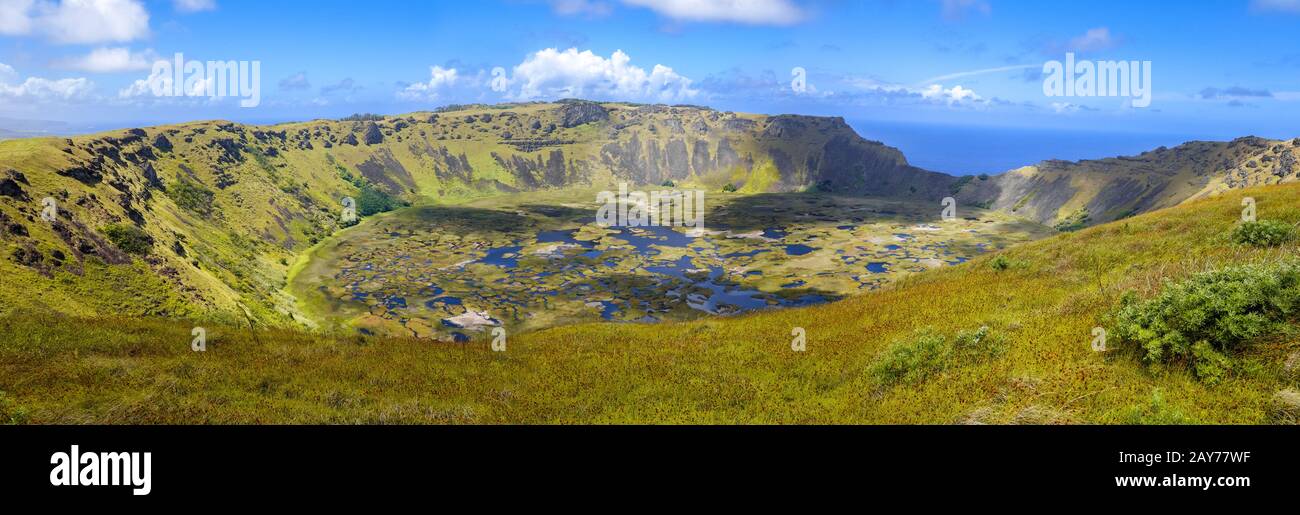 Rano Kau volcano crater in Easter Island panoramic view Stock Photo