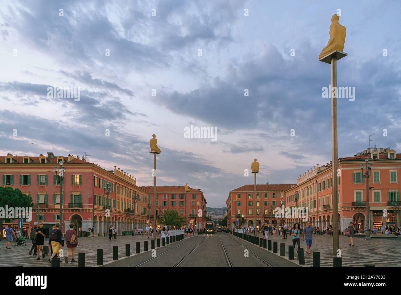 Nice, France, September 20, 2018:  On this photo six of the seven illuminated statues on Place Massena in the center of Nice made by the Spanish sculp Stock Photo