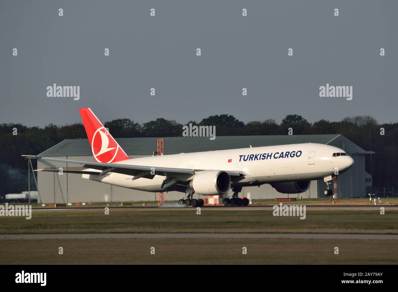 Turkish Airlines cargo plane landing at London Stansted Airport Stock