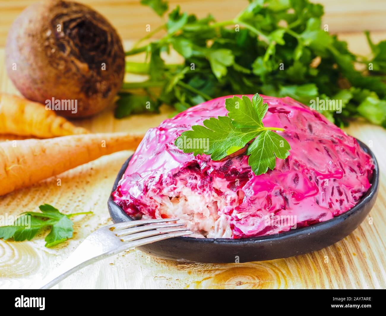 herring under a fur coat and ingredients Stock Photo