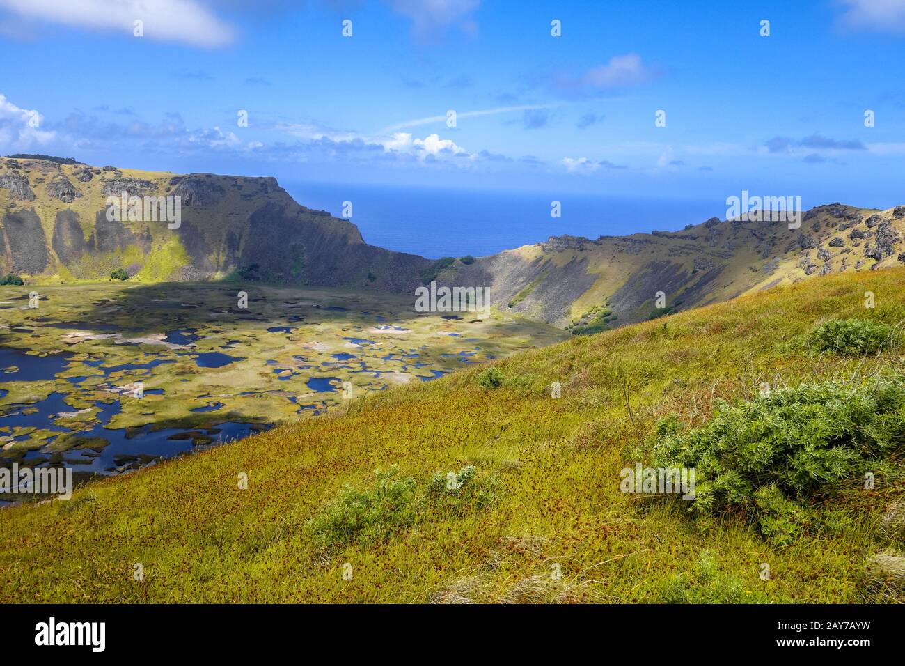 Rano Kau volcano crater in Easter Island Stock Photo